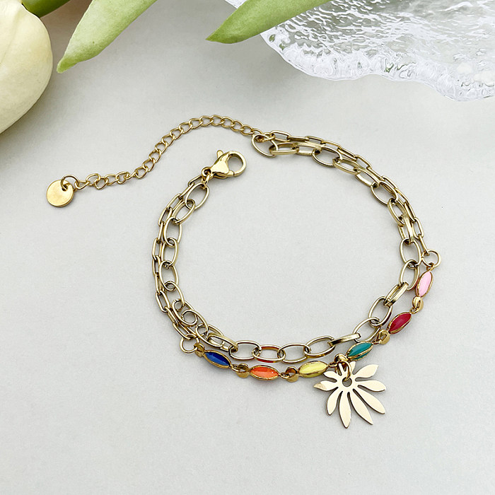 Elegante estilo vintage com folhas de deslocamento em aço inoxidável pulseiras banhadas a ouro