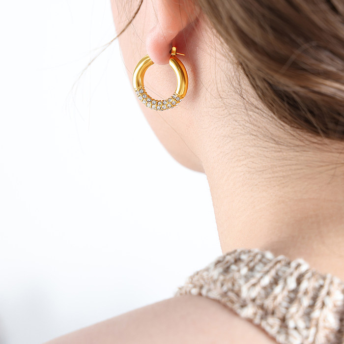 Boucles d'oreilles plaquées or 1 carats, 18 paire, Style Simple, cercle brillant, incrustation de strass en acier inoxydable