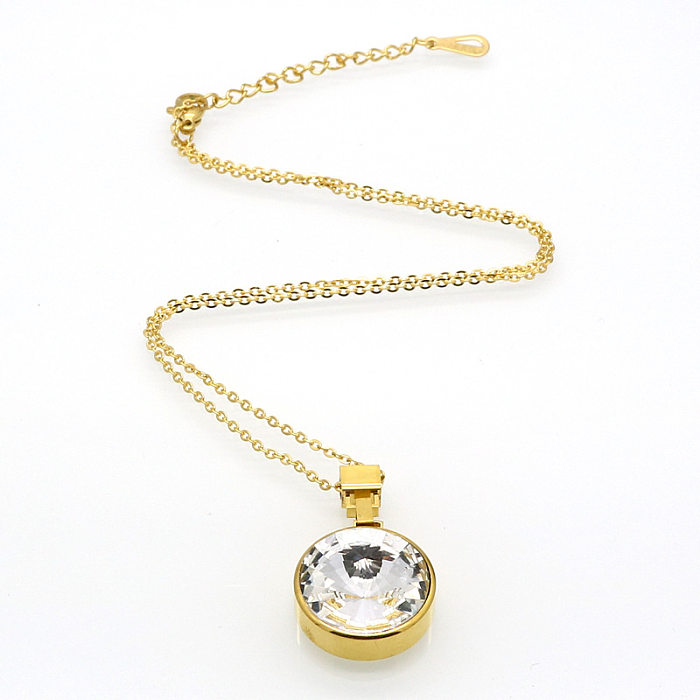 Collier pendentif en cristal artificiel avec incrustation ronde en acier inoxydable de style simple