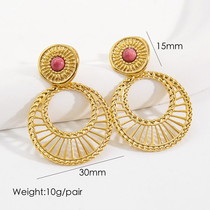 1 Paar böhmische Kreis-Ohrringe mit vergoldetem Inlay aus Edelstahl und Naturstein