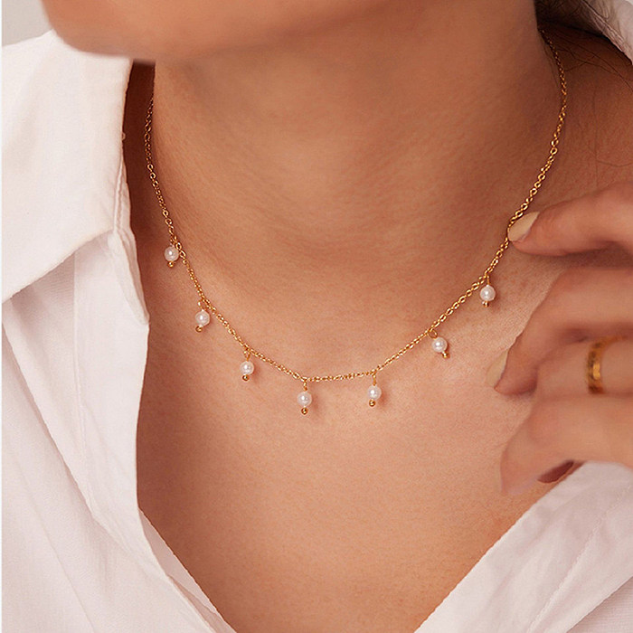 Elegant Solid Color Stainless Steel  Freshwater Pearl Beaded Plating 18K Gold Plated Necklace
