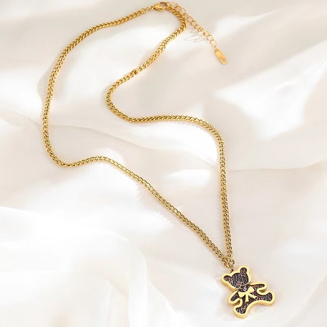 INS Style Cute Little Bear Heart Shape Bow Knot Stainless Steel Plating Inlay Artificial Leather Shell 18K Gold Plated Pendant Necklace