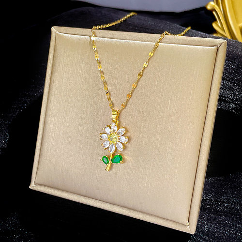 Fashion Flower Stainless Steel Copper Plating Inlay Zircon Pendant Necklace