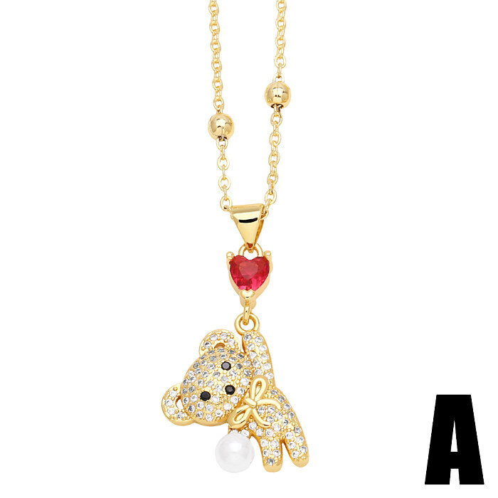 Cute Little Bear Stainless Steel  Copper Inlay Zircon 18K Gold Plated Pendant Necklace