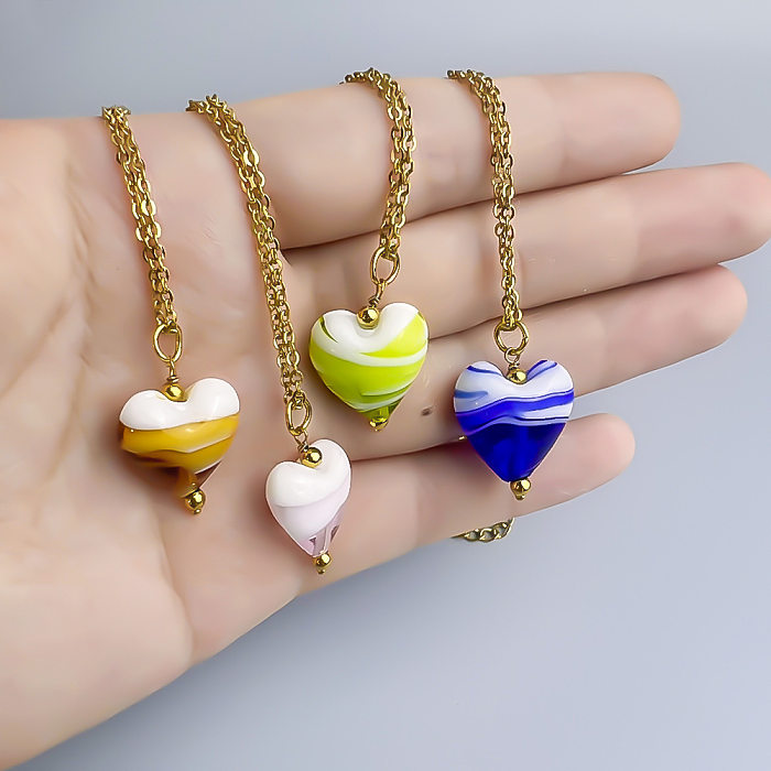 Simple Style Heart Shape Stainless Steel  Glass Gold Plated Pendant Necklace In Bulk