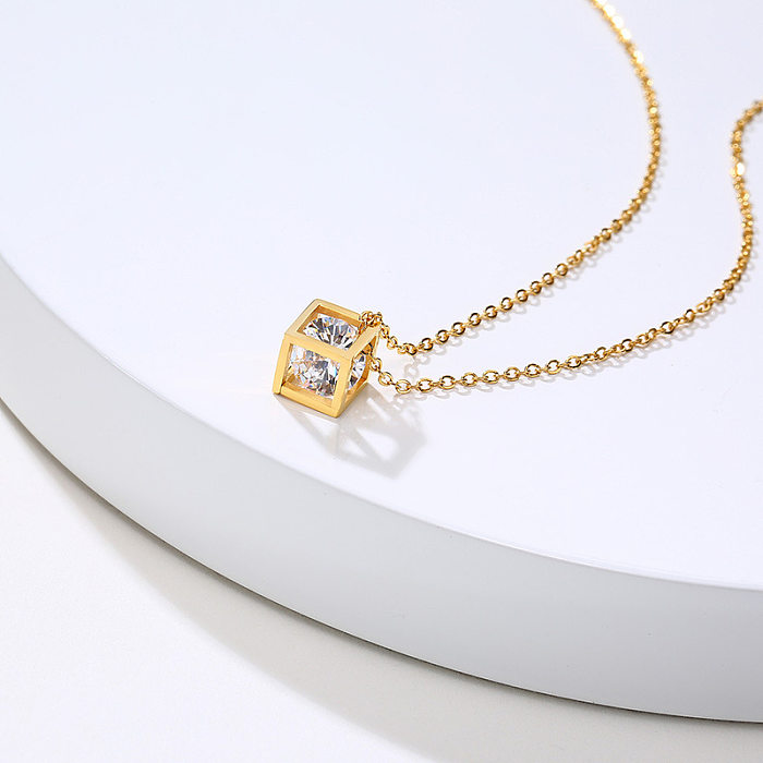 Modern Style Square Stainless Steel  Plating Hollow Out Inlay Zircon 18K Gold Plated Pendant Necklace