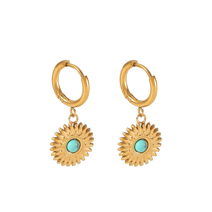 1 Pair Simple Style Sunflower Round Polishing Plating Inlay Stainless Steel  Artificial Gemstones 18K Gold Plated Drop Earrings