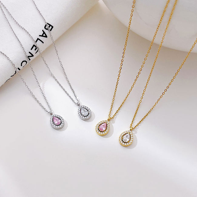 Elegant Simple Style Water Droplets Stainless Steel  White Gold Plated Gold Plated Zircon Pendant Necklace In Bulk