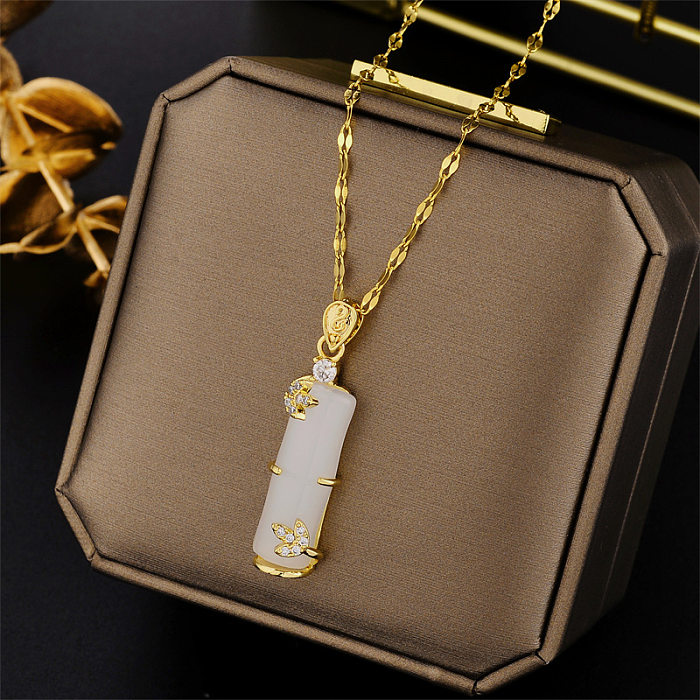Chinoiserie Bamboo Stainless Steel Plating Inlay Artificial Gemstones Pendant Necklace