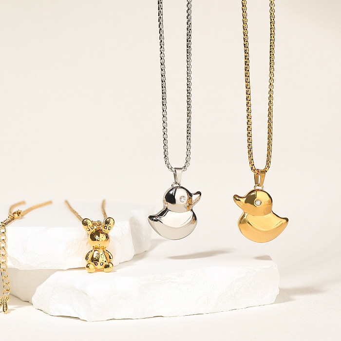 Casual Cute Little Bear Duck Stainless Steel  Plating Inlay Zircon Gold Plated Pendant Necklace