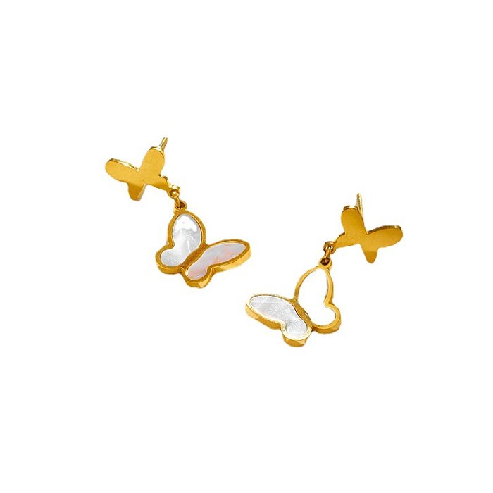 1 paire de boucles d'oreilles papillon élégantes avec incrustation de coquille en acier inoxydable