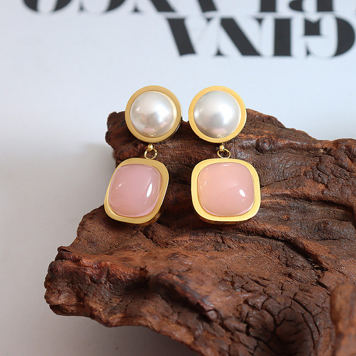 Pendientes colgantes de perlas artificiales, chapados en acero inoxidable, cuadrados y redondos elegantes, 1 par