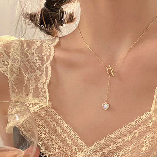 Fashion Heart Stainless Steel Necklace Inlay Artificial Diamond Stainless Steel  Necklaces