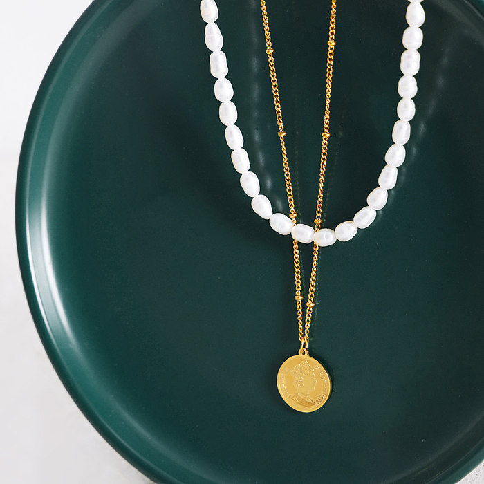 Colliers superposés plaqués or 18 carats avec perles rondes luxueuses en acier inoxydable