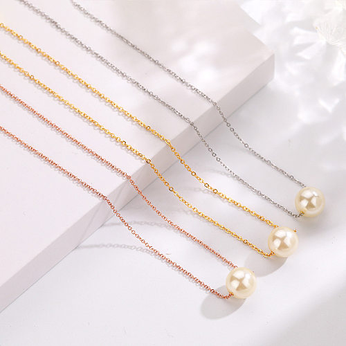 1 Piece Simple Style Solid Color Stainless Steel Inlay Artificial Pearls Necklace