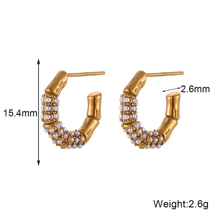 Clous d'oreilles pour femmes, Style moderne en forme de C, incrustation de strass, perle plaquée or 18 carats, en acier inoxydable