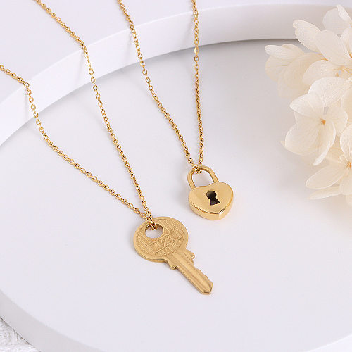 Fashion Key Heart Lock Pendant Necklace Stainless Steel 18k Gold Plated Clavicle Chain