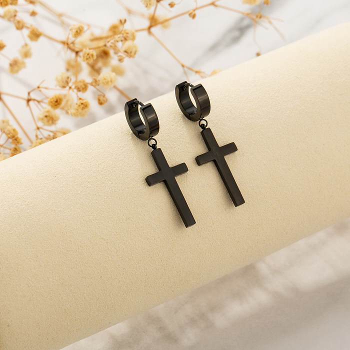 1 paire de boucles d'oreilles en acier inoxydable plaqué or et noir, Style Simple et classique, plaqué croix