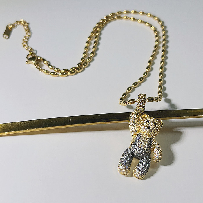 Collier avec pendentif en forme de petit ours, Style Simple, en acier inoxydable, cuivre, plaqué or 18 carats, Zircon, en vrac