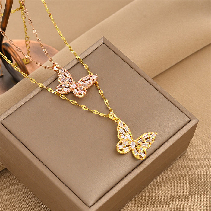 Mode-Schmetterlings-Halskette mit Edelstahl-Beschichtung und Inlay-Zirkon-Anhänger, 1 Stück
