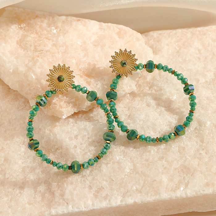 Boucles d'oreilles pendantes en acier inoxydable, Style ethnique, cercle soleil, perles faites à la main, incrustation de pierre naturelle, 1 paire