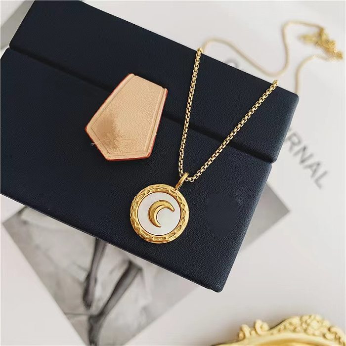 Simple Style Moon Stainless Steel Plating Inlay Shell 18K Gold Plated Pendant Necklace