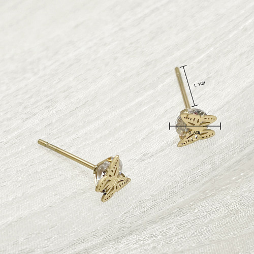 1 Pair Cute Sweet Butterfly Plating Inlay Stainless Steel  Zircon 14K Gold Plated Ear Studs