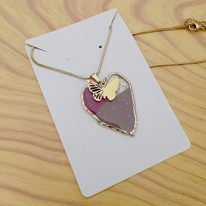 Collier avec pendentif en époxy en acier inoxydable, forme de cœur, papillon, Animal à la mode, 1 pièce