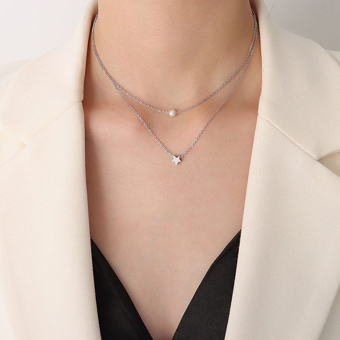 Five-pointed Star Pendant Imitation Pearl Necklace Double Layered Stainless Steel Clavicle Chain
