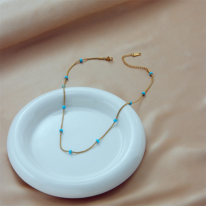 Lässige Retro-Halskette aus rundem Edelstahl mit Perlenbeschichtung und 18-karätiger Vergoldung