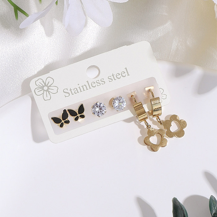 3 Pairs Cute Butterfly Plating Inlay Stainless Steel  Artificial Diamond Gold Plated Drop Earrings
