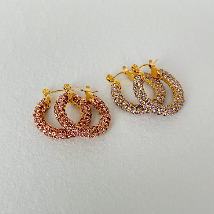 1 Paar Neuheit-Ohrringe mit runder Edelstahlbeschichtung und Zirkoneinlage, 18 Karat vergoldet
