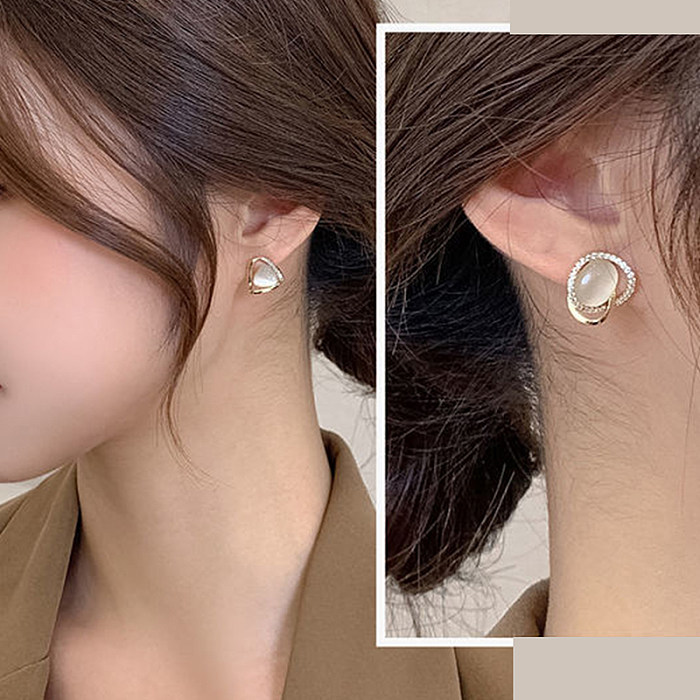 1 Pair Elegant Geometric Stainless Steel  Inlay Opal Zircon Ear Studs