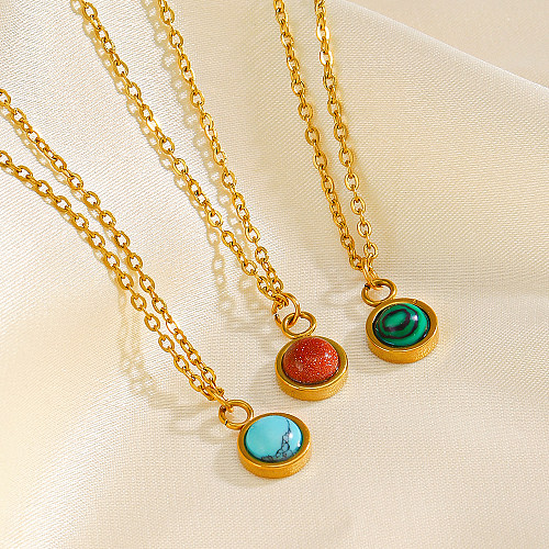 Simple Style Streetwear Round Stainless Steel  Plating Inlay Malachite Turquoise 18K Gold Plated Pendant Necklace