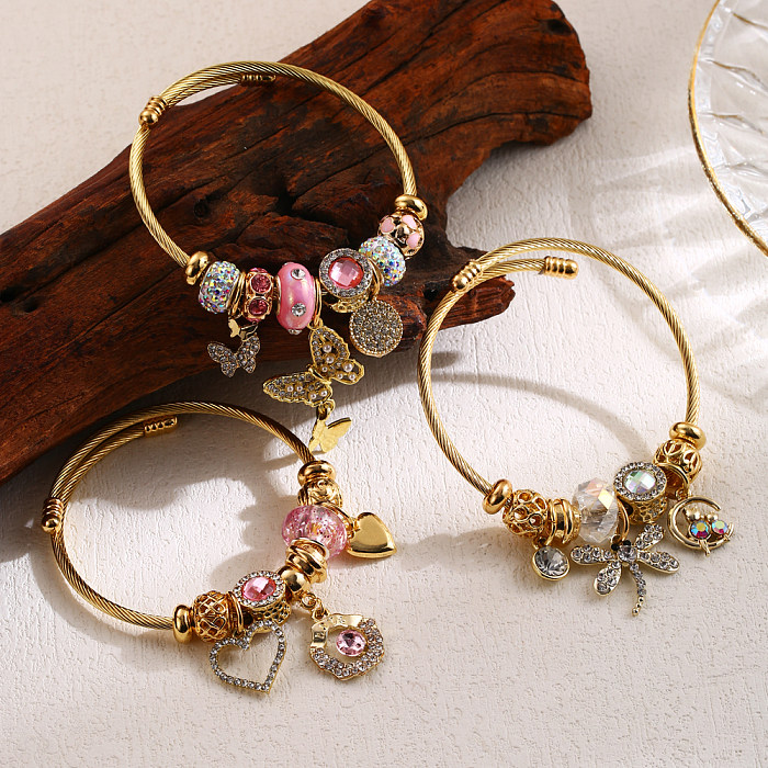 Elegant Cute Heart Shape Dragonfly Butterfly Stainless Steel Alloy Beaded Inlay Rhinestones Bangle