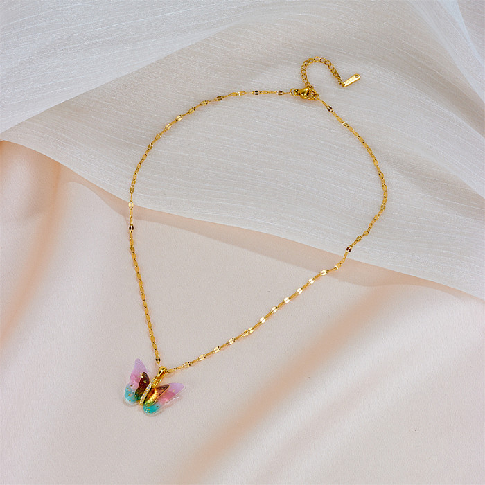 Sweet Butterfly Stainless Steel Artificial Gemstones Pendant Necklace In Bulk