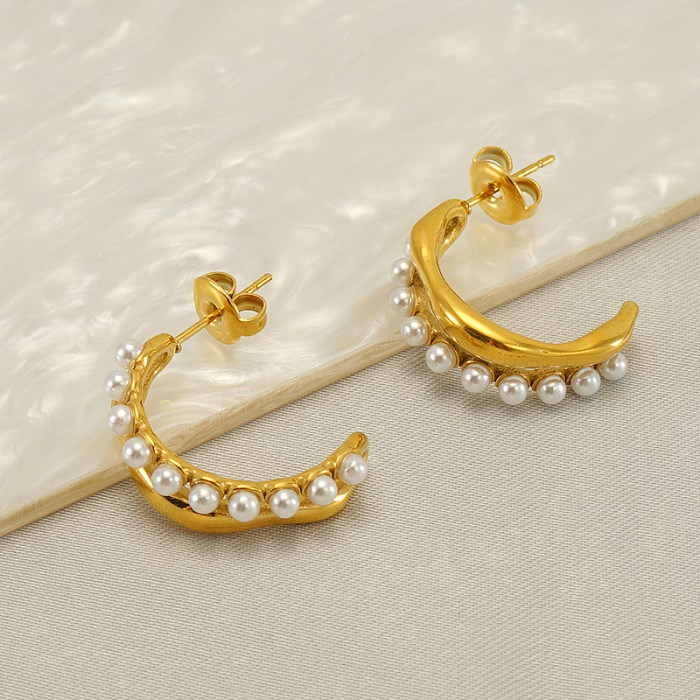 1 Pair Elegant C Shape Polishing Plating Inlay Stainless Steel  Freshwater Pearl 18K Gold Plated Ear Studs