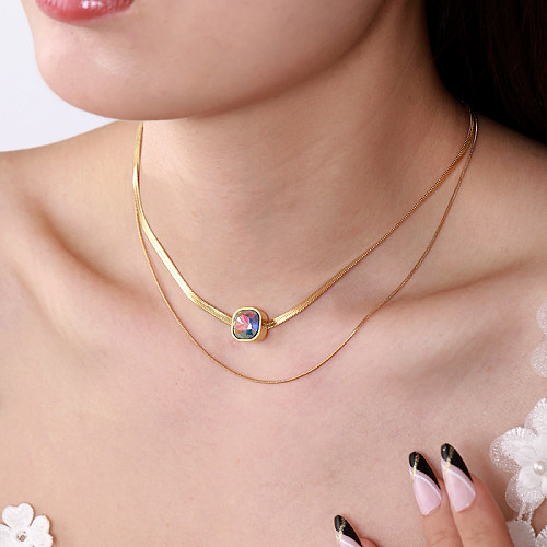 Schlichte, quadratische, doppellagige Halsketten mit Intarsien-Zirkon-Edelstahlbeschichtung und 18-Karat-Vergoldung