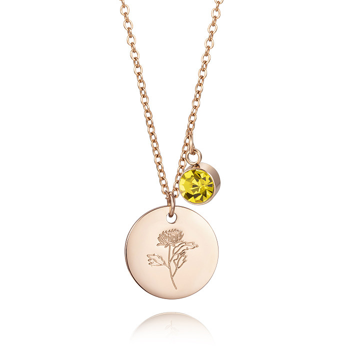 Süße Halskette mit rundem Blütenblatt und Inlay aus Edelstahl mit Geburtsstein und Rosévergoldung