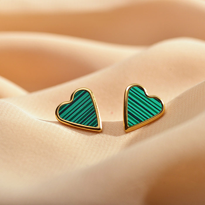 1 Pair Elegant Stripe Heart Shape Stainless Steel  Plating Inlay Malachite Shell Gold Plated Ear Studs