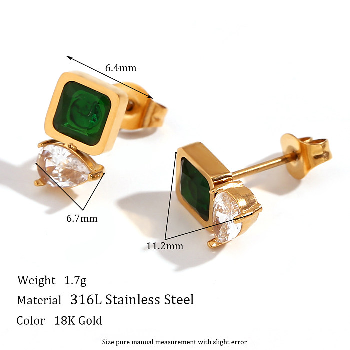 1 Pair Retro Square Plating Stainless Steel  Zircon 18K Gold Plated Ear Studs