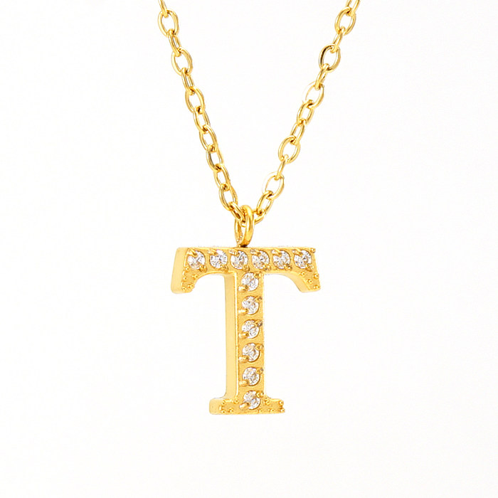 Casual Commute Letter Stainless Steel  Plating Inlay Rhinestones 18K Gold Plated Pendant Necklace