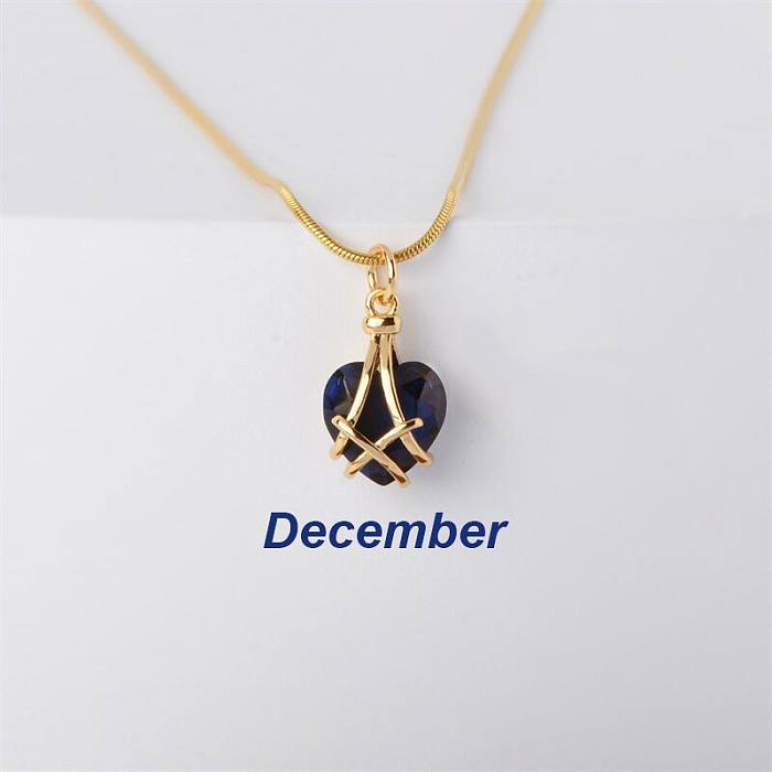 1 Piece Simple Style Heart Shape Stainless Steel Inlay Rhinestones Birthstone Pendant Necklace