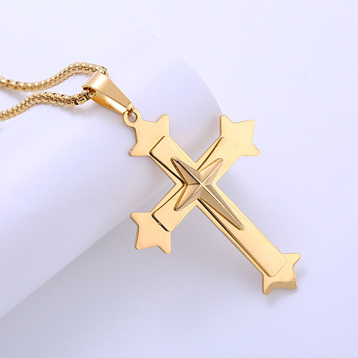 Collier pendentif croix hip-hop en acier inoxydable plaqué strass