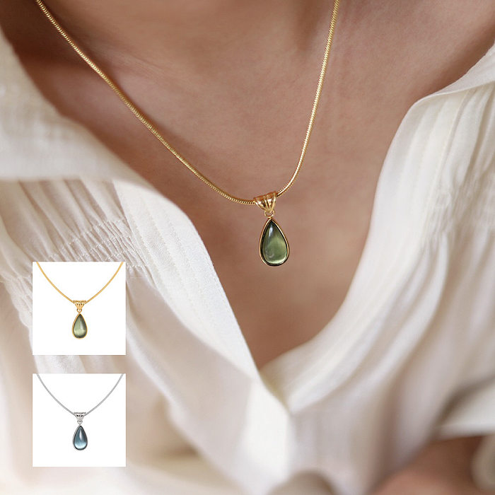 Elegant Simple Style Water Droplets Stainless Steel  Plating Inlay Glass 18K Gold Plated Pendant Necklace