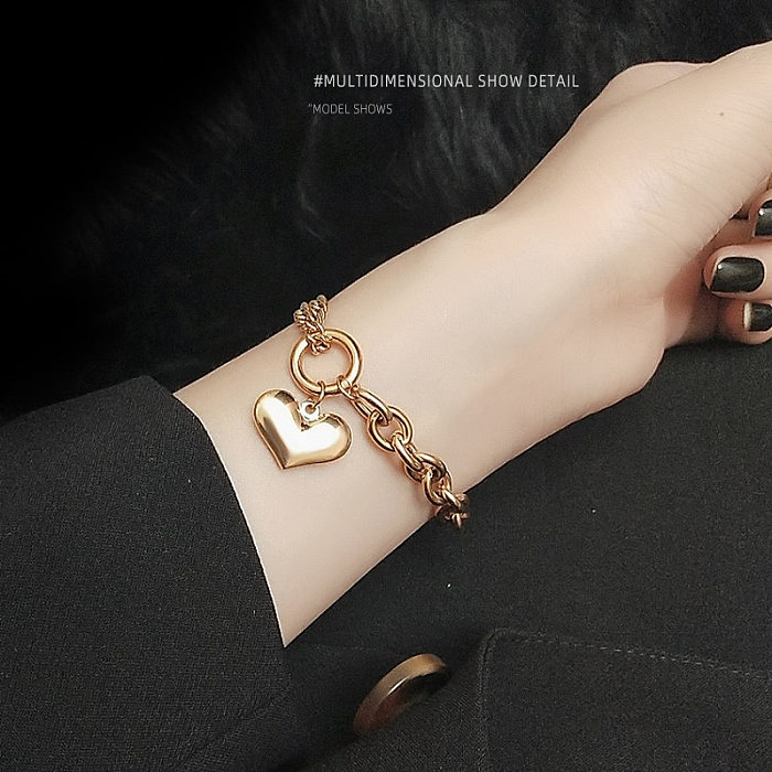 Heavy Rough Flat Love-shaped Wild Heart Titanium Steel Plated 18K Gold Bracelet For Women