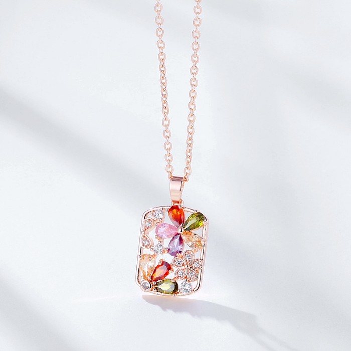 Elegant Simple Style Streetwear Flower Stainless Steel  Stainless Steel Plating Hollow Out Inlay Zircon Rose Gold Plated Pendant Necklace
