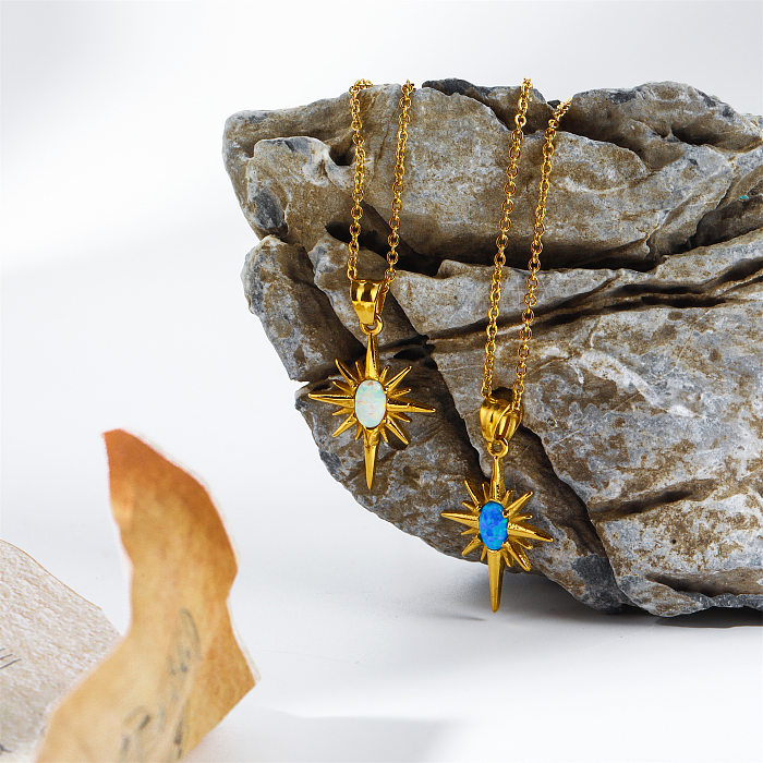 Retro-Halskette mit geometrischem Edelstahl-Beschichtungs-Inlay und künstlichen Edelsteinen, 18 Karat vergoldet