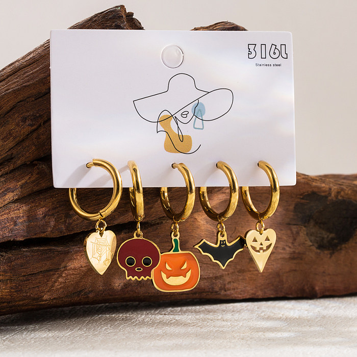 1 Set Gothic Funny Pumpkin Bat Enamel Plating Hollow Out Stainless Steel  14K Gold Plated Drop Earrings