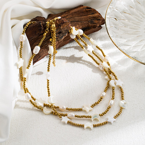 Style moderne artistique étoile lune ovale en acier inoxydable coquille perlée collier plaqué or 18 carats